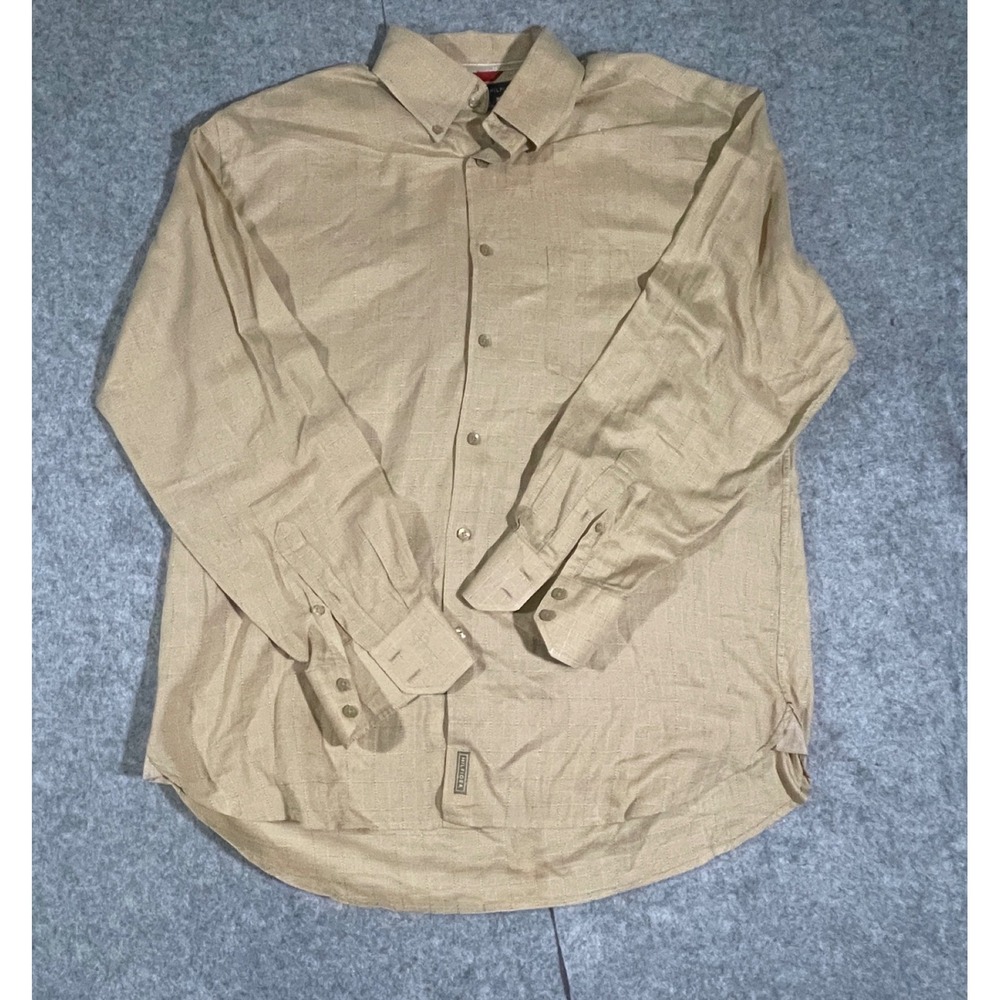 Tommy Hilfiger Mens Tan Khaki Grid Button Down Shirt Long Sleeve L Large
